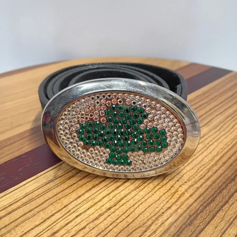 Rhinestone Shamrock Buckle Silver Creek Genuine Leather Belt Mens 36 Black USA